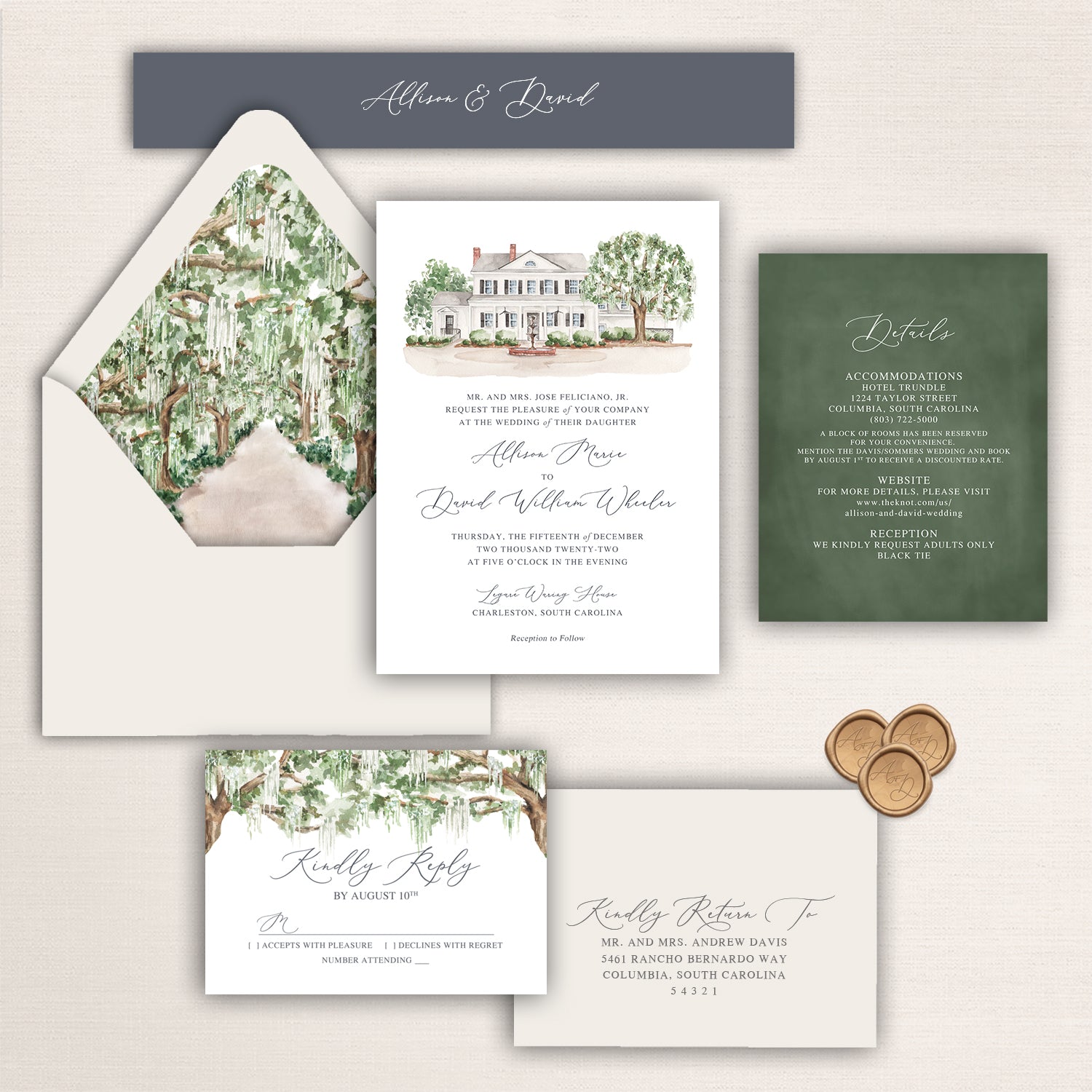 Wedding invitation suite with watercolor illustration of the Legare Waring House and oak tree envelope liner.