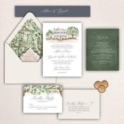 Wedding invitation suite with watercolor illustration of the Legare Waring House and oak tree envelope liner.