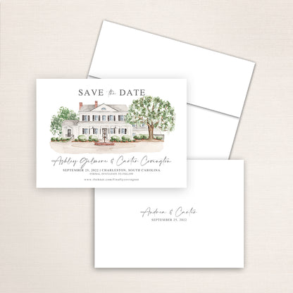 Custom watercolor Save the Date card featuring hand-painted venue illustration of Legare Waring House in Charleston, South Carolina, personalized wedding stationery with elegant venue artwork. 