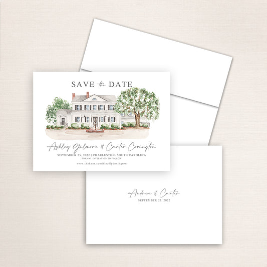 Custom watercolor Save the Date card featuring hand-painted venue illustration of Legare Waring House in Charleston, South Carolina, personalized wedding stationery with elegant venue artwork. 