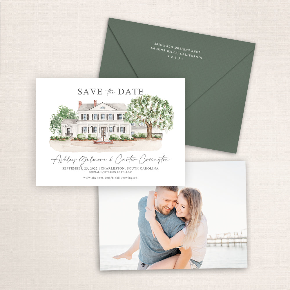Custom watercolor Save the Date card featuring hand-painted venue illustration of Legare Waring House in Charleston, South Carolina, personalized wedding stationery with elegant venue artwork with matching envelope.