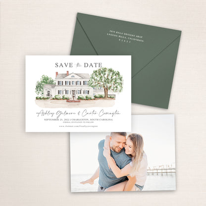 Custom watercolor Save the Date card featuring hand-painted venue illustration of Legare Waring House in Charleston, South Carolina, personalized wedding stationery with elegant venue artwork with matching envelope.