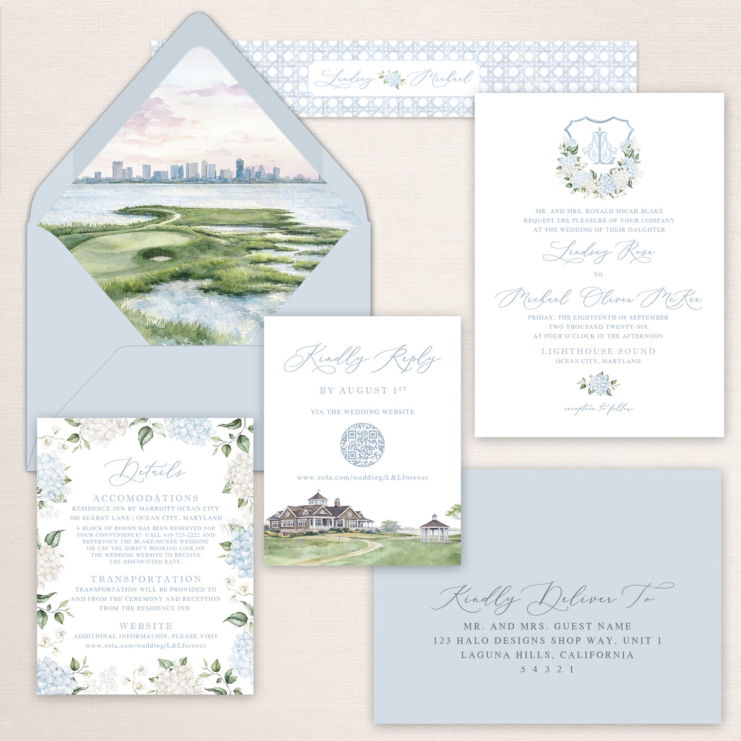 Elegant Lighthouse Sound wedding invitation suite in soft blue, white, and green, featuring a watercolor golf course and Ocean City skyline envelope liner, custom floral monogram crest, blue and white hydrangeas, matching details card, online RSVP card with watercolor Lighthouse Sound venue artwork and QR code, patterned belly band, and coordinating blue addressed envelope.