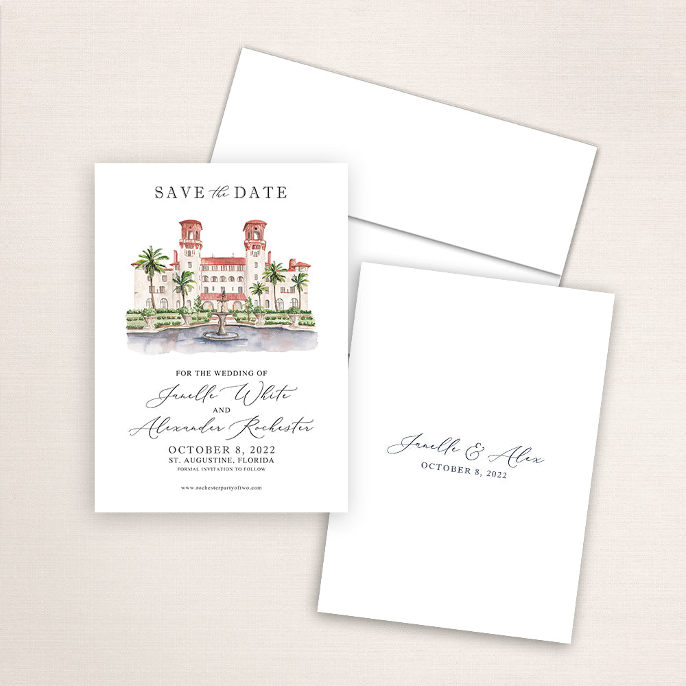 Custom watercolor Save the Date card featuring hand-painted venue illustration of Lightner Museum in St. Augustine, Florida, personalized wedding stationery with elegant venue artwork. 