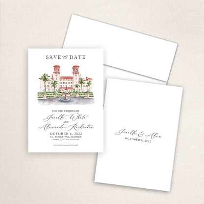 Custom watercolor Save the Date card featuring hand-painted venue illustration of Lightner Museum in St. Augustine, Florida, personalized wedding stationery with elegant venue artwork. 