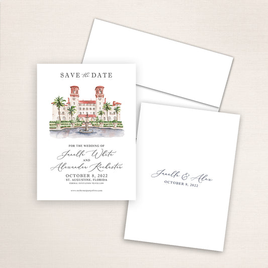 Custom watercolor Save the Date card featuring hand-painted venue illustration of Lightner Museum in St. Augustine, Florida, personalized wedding stationery with elegant venue artwork. 