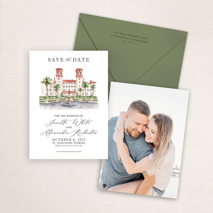 Custom watercolor Save the Date card featuring hand-painted venue illustration of Lightner Museum in St. Augustine, Florida, personalized wedding stationery with elegant venue artwork with matching envelope.