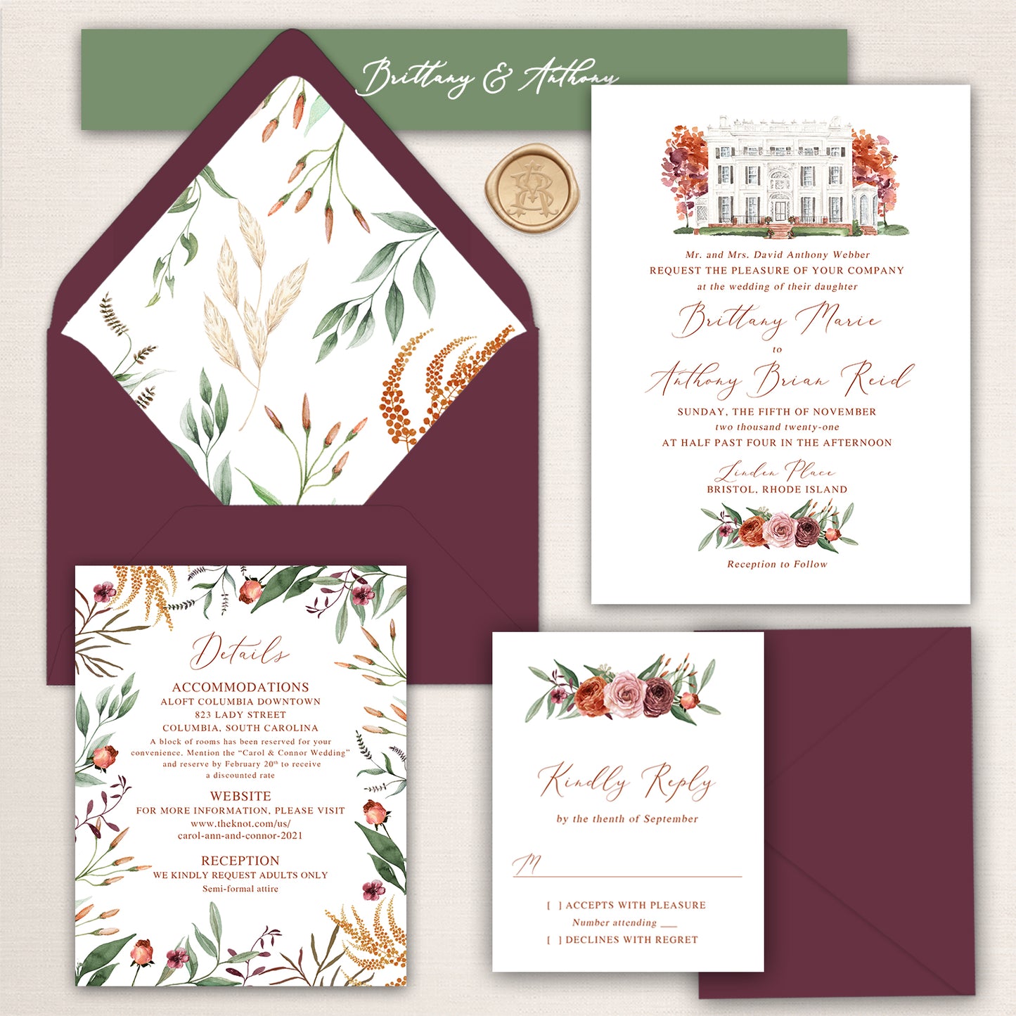 Linden Place wedding invitation suite with watercolor venue illustration, burgundy envelope with botanical liner, RSVP card, and floral detail insert.