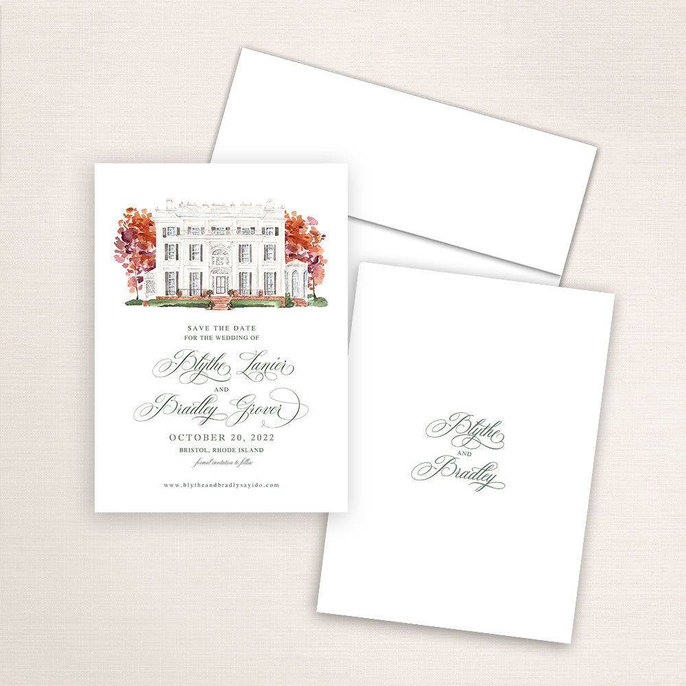 Custom watercolor Save the Date card featuring hand-painted venue illustration of Linden Place in Bristol, Rhode Island, personalized wedding stationery with elegant venue artwork. 