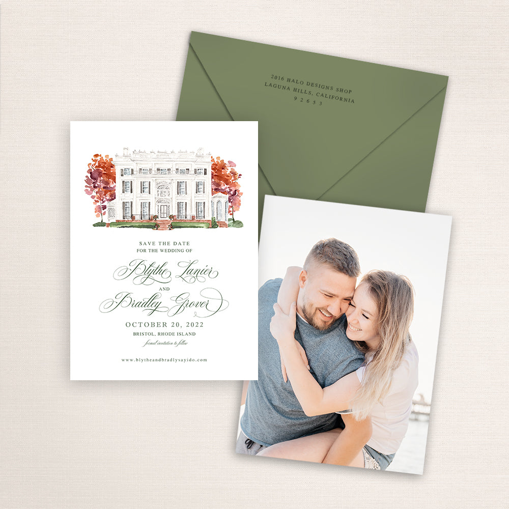 Custom watercolor Save the Date card featuring hand-painted venue illustration of Linden Place in Bristol, Rhode Island, personalized wedding stationery with elegant venue artwork with matching envelope.