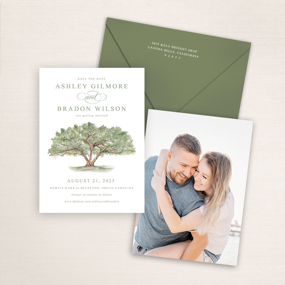 Custom watercolor Save the Date card featuring a hand-painted illustration of an Oak Tree. Personalized wedding stationery with elegant watercolor and matching envelopes.