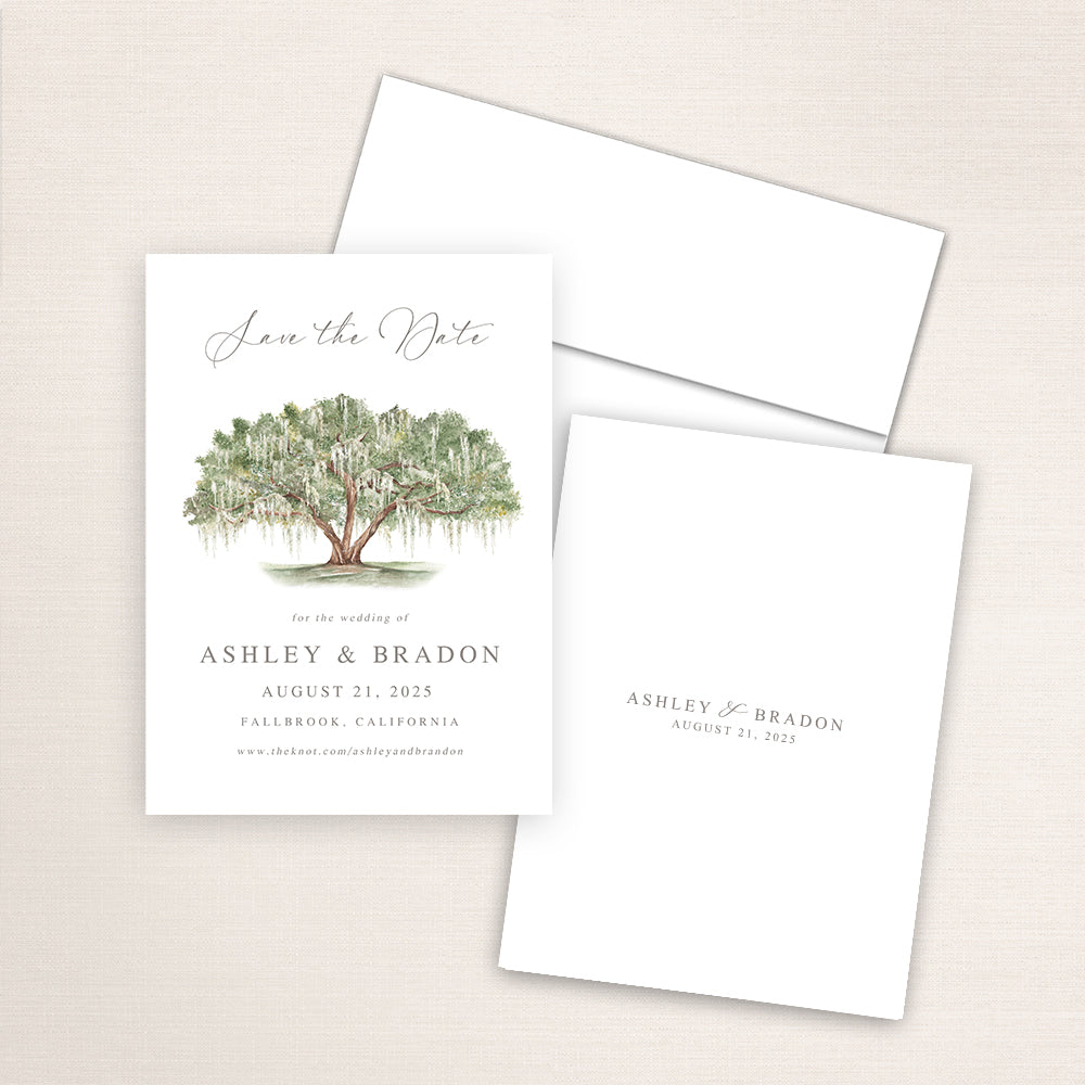 Detailed Live Oak tree watercolor Save the Date card featuring hand-painted  illustration of a Live Southern Oak Tree covered in Spanish Moss. Personalized wedding stationery with beautiful tree artwork. 