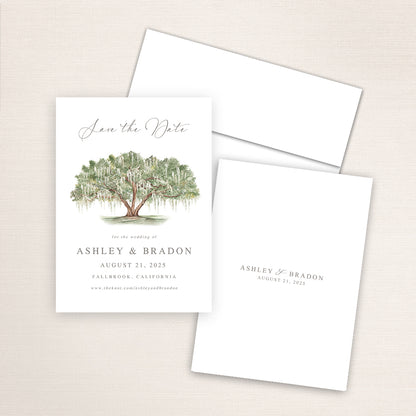 Detailed Live Oak tree watercolor Save the Date card featuring hand-painted  illustration of a Live Southern Oak Tree covered in Spanish Moss. Personalized wedding stationery with beautiful tree artwork. 