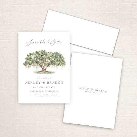 Detailed Live Oak tree watercolor Save the Date card featuring hand-painted  illustration of a Live Southern Oak Tree covered in Spanish Moss. Personalized wedding stationery with beautiful tree artwork. 