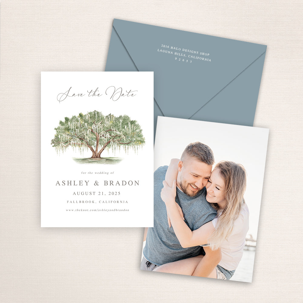 Custom watercolor Save the Date card featuring hand-painted venue illustration of Spanish Moss covered Live Oak Tree.  Personalized wedding stationery with elegant tree painting. 