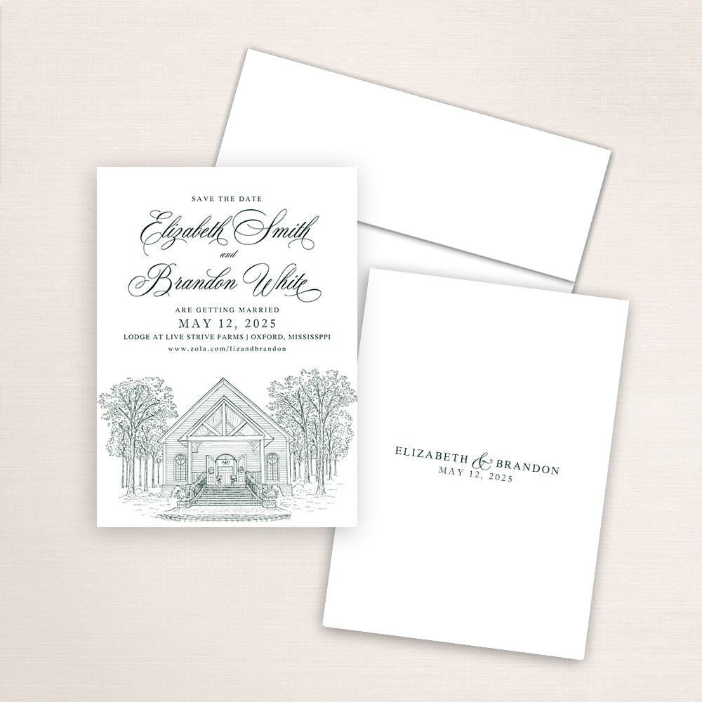 Lodge at Live Strive Farms wedding save the date with detailed fine line illustration of the Mississippi lodge venue, romantic calligraphy names, white envelope, and minimalist printed back with couple’s names and wedding date.