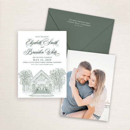 Lodge at Live Strive Farms save the date featuring an elegant architectural line drawing of the Oxford, Mississippi chapel venue, dark green script typography, coordinating dark sage envelope, and engagement photo on the back.