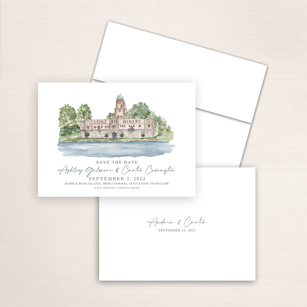 Custom watercolor Save the Date card featuring hand-painted illustration of Lonz Winery on Middle Bass Island, Ohio, personalized wedding stationery with elegant venue artwork.