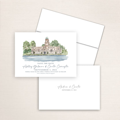 Custom watercolor Save the Date card featuring hand-painted illustration of Lonz Winery on Middle Bass Island, Ohio, personalized wedding stationery with elegant venue artwork.
