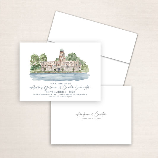Custom watercolor Save the Date card featuring hand-painted illustration of Lonz Winery on Middle Bass Island, Ohio, personalized wedding stationery with elegant venue artwork.