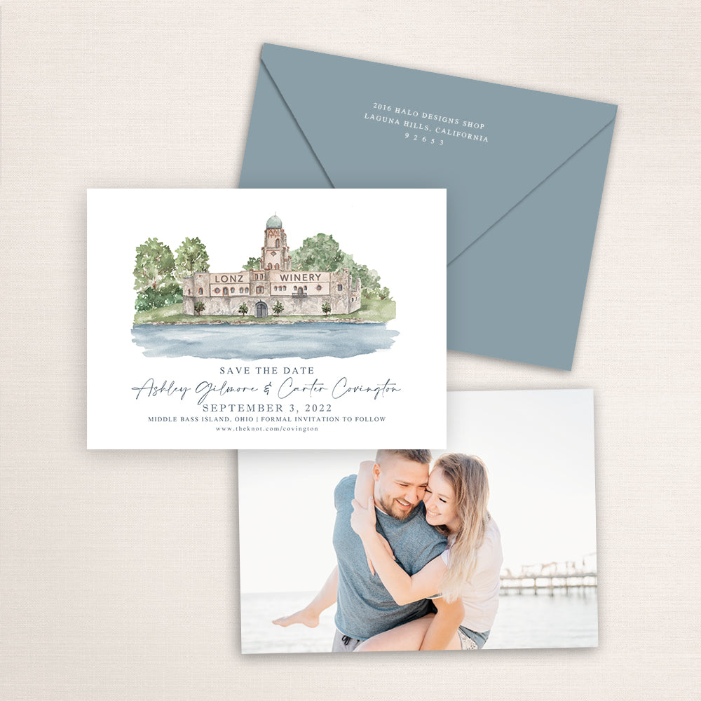 Custom watercolor Save the Date card featuring hand-painted illustration of Lonz Winery on Middle Bass Island, Ohio, personalized wedding stationery with elegant venue artwork with matching envelope.