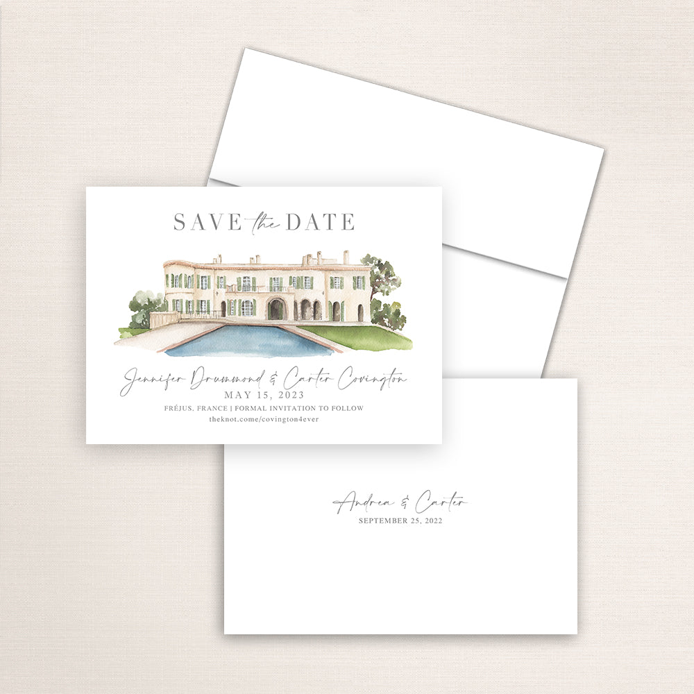 Custom watercolor Save the Date card featuring hand-painted venue illustration of Lou Casteou in Frejus, France, personalized wedding stationery with elegant venue artwork. 