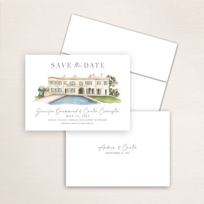 Custom watercolor Save the Date card featuring hand-painted venue illustration of Lou Casteou in Frejus, France, personalized wedding stationery with elegant venue artwork. 
