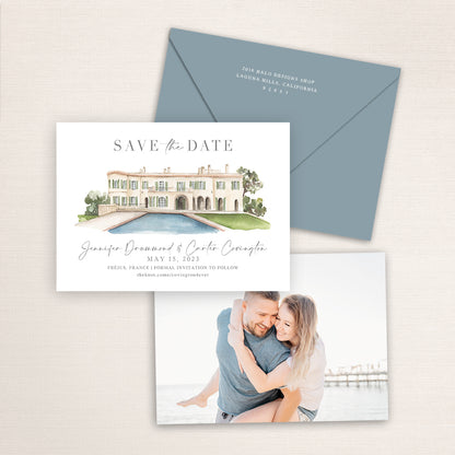 Custom watercolor Save the Date card featuring hand-painted venue illustration of Lou Casteou in Frejus, France, personalized wedding stationery with elegant venue artwork with matching envelope.