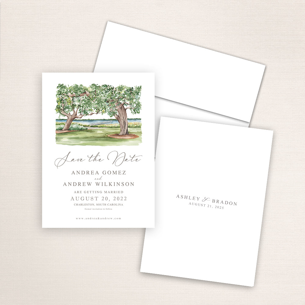 Custom watercolor Save the Date card featuring hand-painted venue illustration of Lowndes Grove Pier in Charleston, South Carolina, personalized wedding stationery with elegant venue artwork.