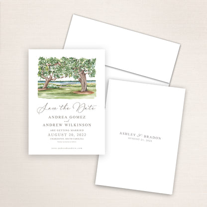 Custom watercolor Save the Date card featuring hand-painted venue illustration of Lowndes Grove Pier in Charleston, South Carolina, personalized wedding stationery with elegant venue artwork.