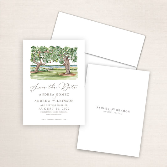 Custom watercolor Save the Date card featuring hand-painted venue illustration of Lowndes Grove Pier in Charleston, South Carolina, personalized wedding stationery with elegant venue artwork.