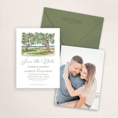 Custom watercolor Save the Date card featuring hand-painted venue illustration of Lowndes Grove Pier in Charleston, South Carolina, personalized wedding stationery with elegant venue artwork with matching envelope. 