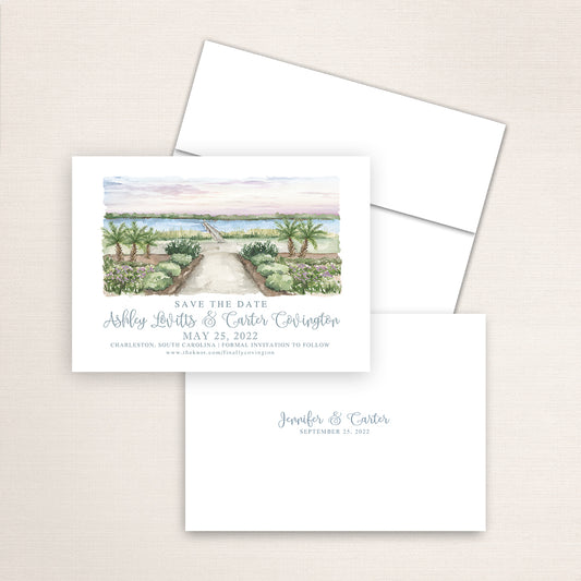 Custom watercolor Save the Date card featuring hand-painted venue illustration of Lowndes Grove Pier at sunset in Charleston, South Carolina, personalized wedding stationery with elegant venue artwork.