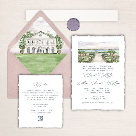 Lowndes Grove wedding invitation suite with watercolor venue artwork, blush envelope liner, matching details card, and textured deckled-edge paper.