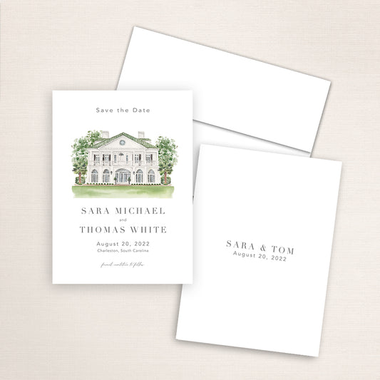 Custom watercolor Save the Date card featuring hand-painted venue illustration of Lowndes Grove in Charleston, South Carolina,  personalized wedding stationery with elegant venue artwork. 