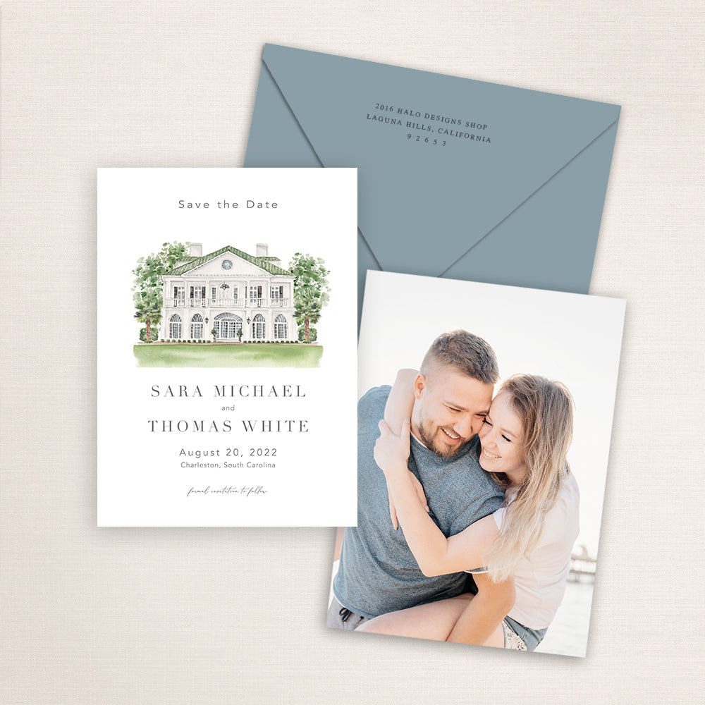 Custom watercolor Save the Date card featuring hand-painted venue illustration of Lowndes Grove in Charleston, South Carolina,  personalized wedding stationery with elegant venue artwork with matching envelope.