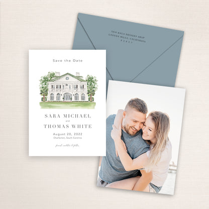 Custom watercolor Save the Date card featuring hand-painted venue illustration of Lowndes Grove in Charleston, South Carolina,  personalized wedding stationery with elegant venue artwork with matching envelope.