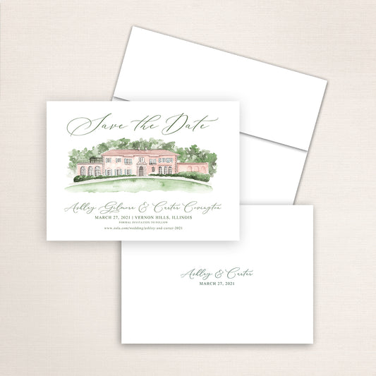 Custom watercolor Save the Date card featuring hand-painted venue illustration of Loyola at Cuneo Mansion and Gardens in Vernon Hills, Illinois, personalized wedding stationery with elegant venue artwork with matching envelope. 