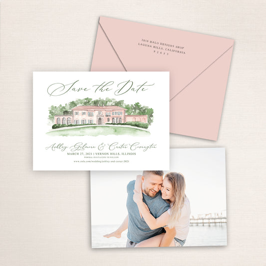 Custom watercolor Save the Date card featuring hand-painted venue illustration of Loyola at Cuneo Mansion and Gardens in Vernon Hills, Illinois, personalized wedding stationery with elegant venue artwork with matching envelope with matching envelope.