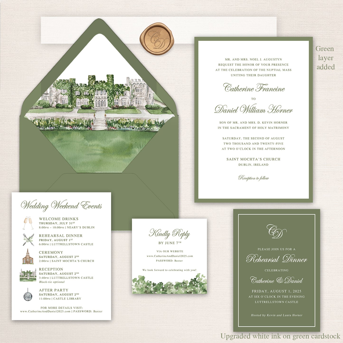 Elegant Irish castle wedding invitation suite featuring a sage green envelope with watercolor venue liner illustration of Luttrellstown Castle in Dublin, Ireland, formal bordered invitation with classic serif typography, wedding weekend events card with illustrated itinerary icons, minimalist RSVP card with watercolor greenery accent, and coordinating rehearsal dinner invitation in soft sage, ivory, and muted green tones.