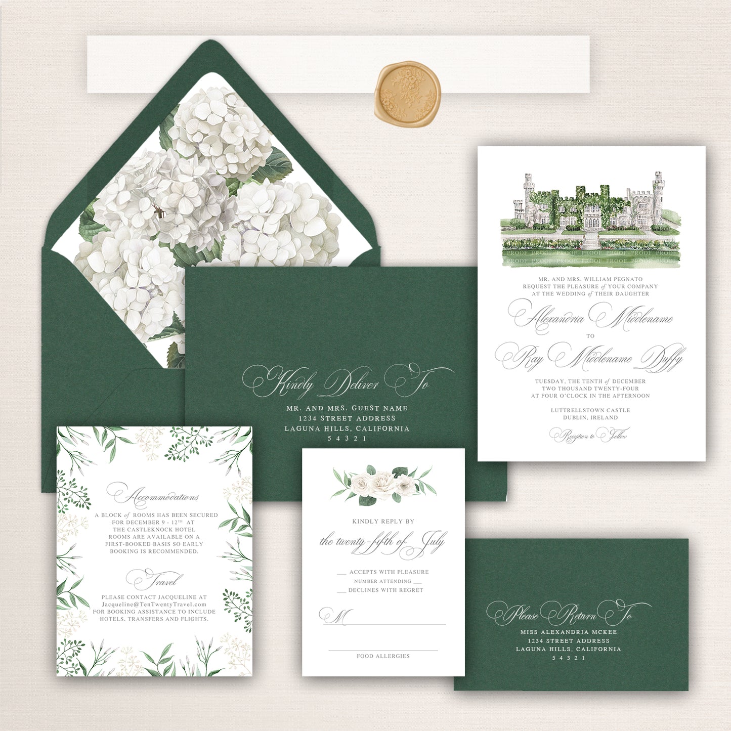 Classic wedding invitation suite with a hand-painted watercolor of Luttrellstown Castle on the invitation, dark green envelopes with a white hydrangea liner, scripted envelope addressing, wax seal, RSVP card, accommodations card, and coordinating stationery arranged on a soft neutral background.