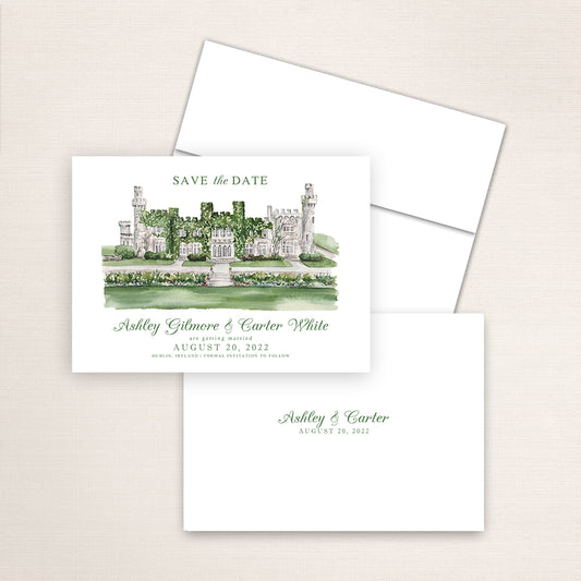 Custom watercolor Save the Date card featuring hand-painted venue illustration of Luttrellstown Castle in Dublin, Ireland, personalized wedding stationery with elegant venue artwork with matching envelope.