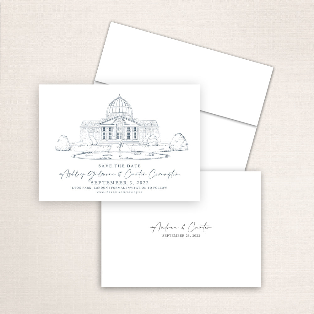 Custom Sketch Save the Date card featuring hand-drawn venue illustration of Lyon Park in London personalized wedding stationery with elegant venue artwork with matching envelope. 
