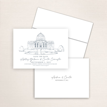 Custom Sketch Save the Date card featuring hand-drawn venue illustration of Lyon Park in London personalized wedding stationery with elegant venue artwork with matching envelope. 