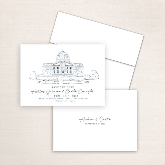 Custom Sketch Save the Date card featuring hand-drawn venue illustration of Lyon Park in London personalized wedding stationery with elegant venue artwork with matching envelope. 