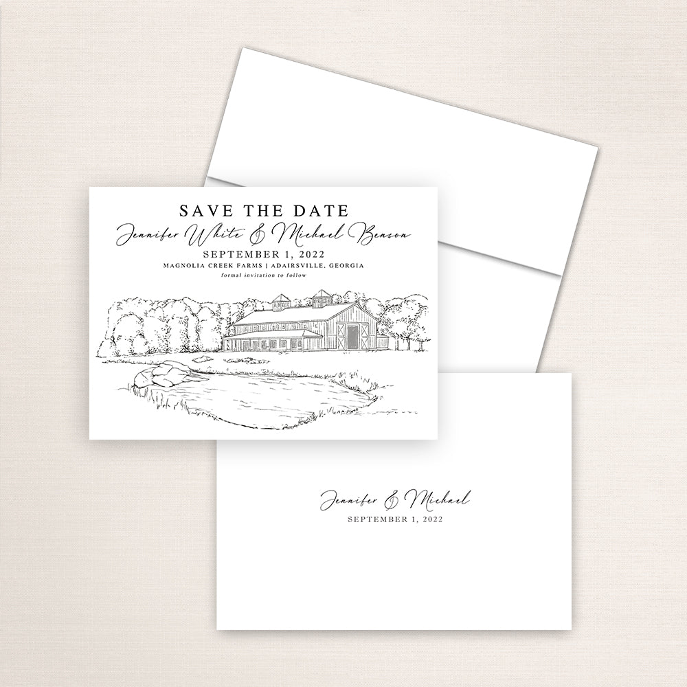 Magnolia Creek Farms wedding save the date with architectural line drawing of the Georgia barn venue, classic serif and script typography, white envelope, and minimalist printed back with couple’s names and wedding date.