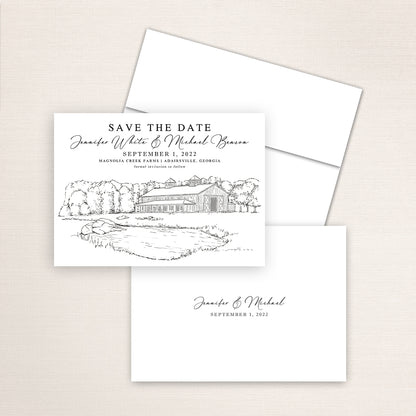 Magnolia Creek Farms wedding save the date with architectural line drawing of the Georgia barn venue, classic serif and script typography, white envelope, and minimalist printed back with couple’s names and wedding date.