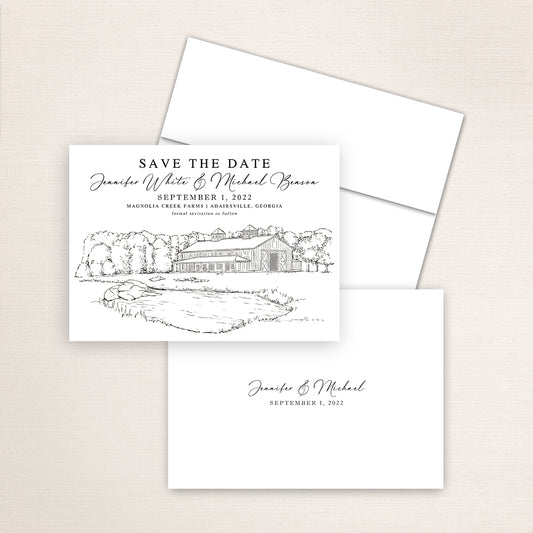 Magnolia Creek Farms wedding save the date with architectural line drawing of the Georgia barn venue, classic serif and script typography, white envelope, and minimalist printed back with couple’s names and wedding date.