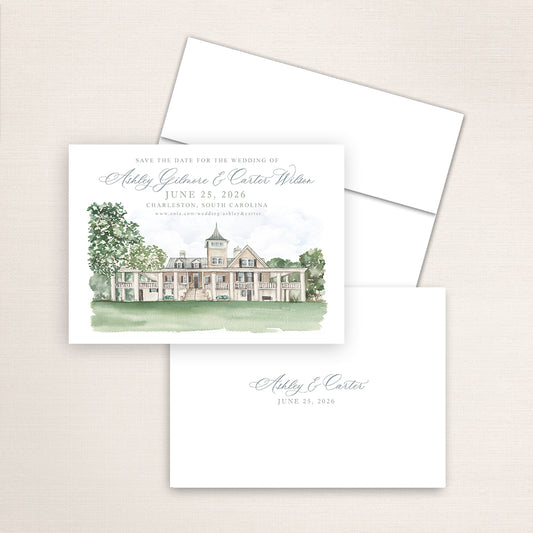 Custom watercolor Save the Date card featuring hand-painted venue illustration of the Magnolia Plantation and Gardens in Charleston, South Carolina, personalized wedding stationery with elegant venue artwork. 