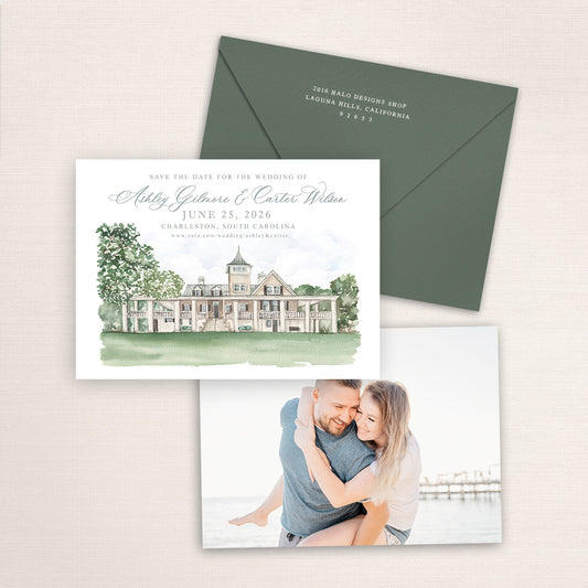 Custom watercolor Save the Date card featuring hand-painted venue illustration of the Magnolia Plantation and Gardens in Charleston, South Carolina, personalized wedding stationery with elegant venue artwork. The back has a photo of the couple and it's paired with dark green envelopes with white ink address printing.